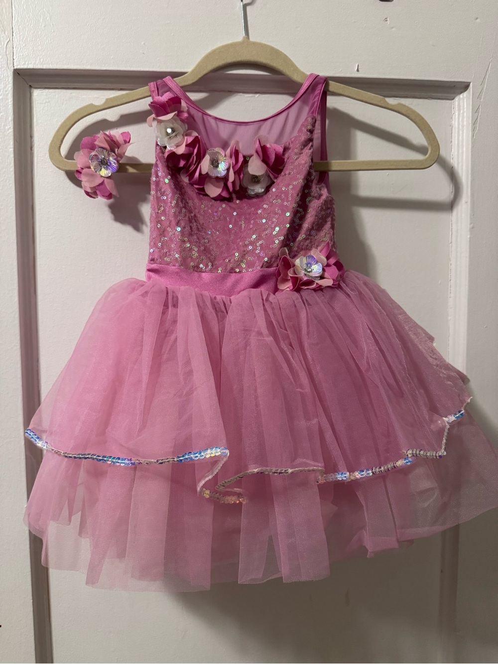 Weissman Pink Floral Sequin Tulle Dance Costume with Matching Hair Clip